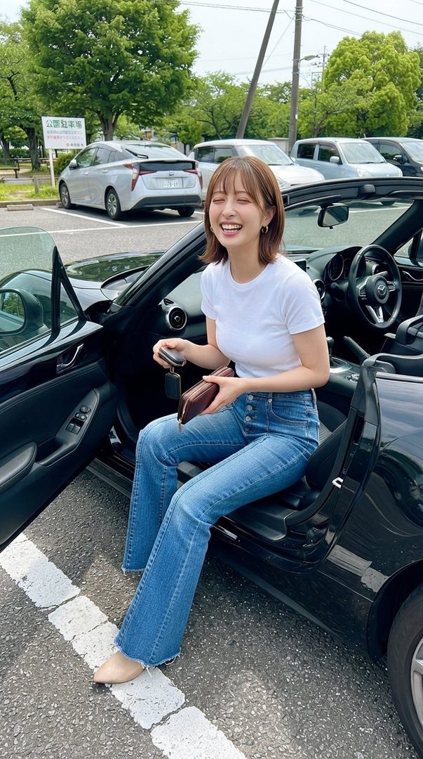 A smiling young Japanese woman with short brown hair, wearing a white t-shirt and blue jeans, sits in the driver's seat of a black convertible car in a parking lot.