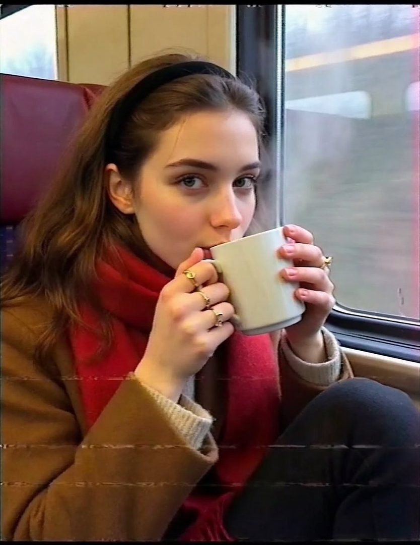 A young woman with long brown hair and a red scarf drinks from a mug while sitting on a train.