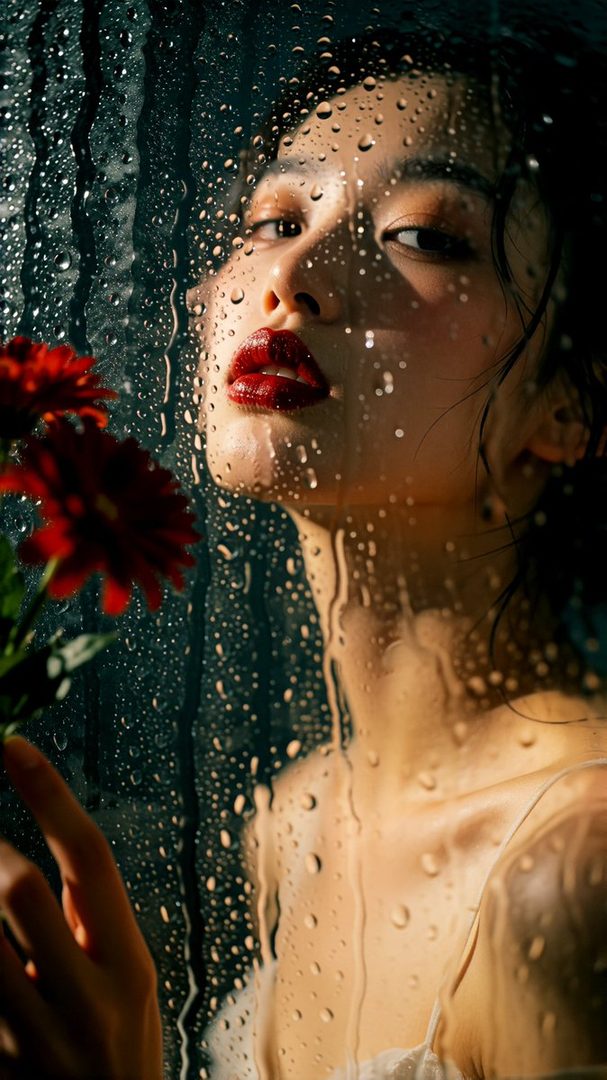 A woman with striking red lipstick and dark hair looks through a window covered in raindrops, holding red flowers.