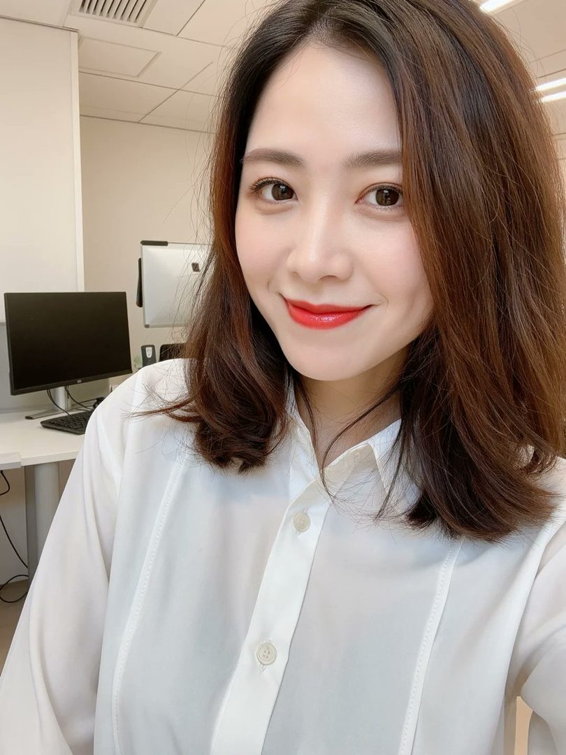 A young East Asian woman with long brown hair and red lipstick smiles at the camera in a selfie taken indoors, wearing a white collared blouse.