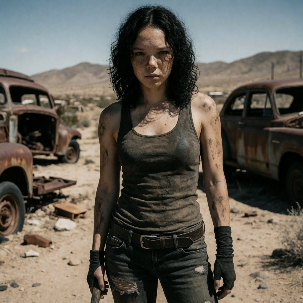 A woman with dark curly hair and freckles, wearing a dirty tank top and ripped jeans, stands in a desert junkyard with rusty cars.