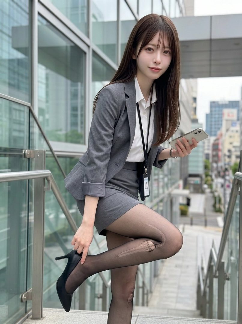 A young woman in a grey business skirt suit and torn black tights stands outdoors on stairs, holding a smartphone.