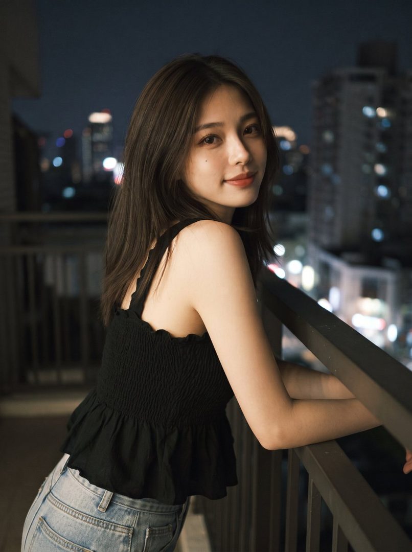 A young East Asian woman with long brown hair, wearing a black smocked top and jeans, leans on a balcony railing at night with city lights in the background.