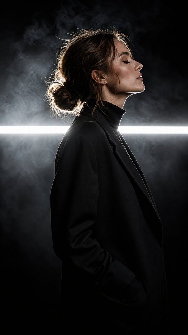 A woman with her eyes closed, profile view, with smoke and a neon light in the background.