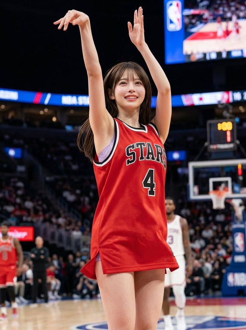 A young woman with long brown hair and bangs, wearing a red basketball jersey with 'STAR 4' on it, stands on a basketball court with her arms raised, smiling.