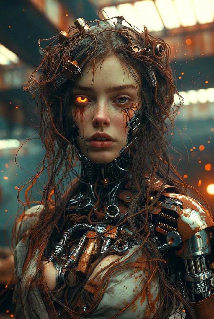 Photorealistic portrait of a young woman with steampunk cyborg enhancements, featuring glowing orange eyes and rusted mechanical parts integrated into her face and body.