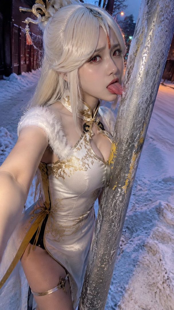 A young woman with long blonde hair and red eyes, wearing a white and gold dress, sticks her tongue out playfully while leaning against a pole in a snowy outdoor setting at night.