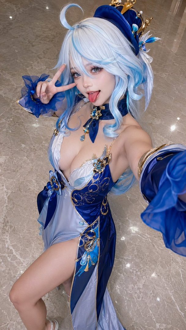 A playful AI-generated portrait of a woman in a blue and white cosplay outfit, with long blue and white hair, sticking out her tongue and making a peace sign.