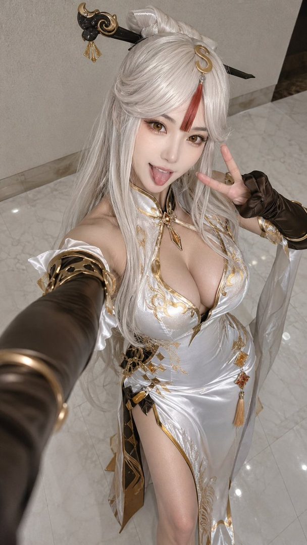 A woman in a white and gold dress with a high slit and deep V-neck, posing for a selfie with her tongue sticking out and peace sign.