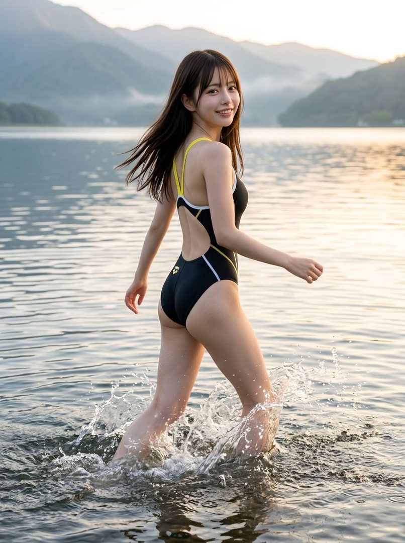 A young woman in a black and yellow one-piece swimsuit walks through a lake, looking back at the camera with a smile, with mountains in the background during golden hour.