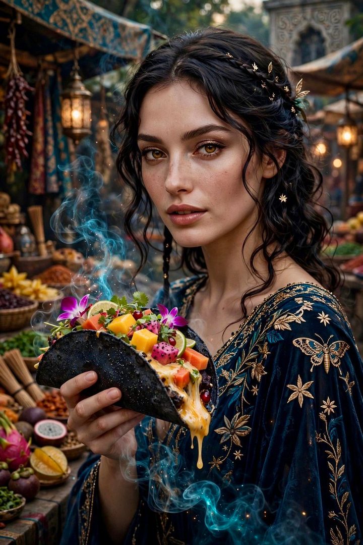 A beautiful woman with dark curly hair, adorned with golden hair accessories, holds a colorful and exotic taco in a vibrant marketplace setting.