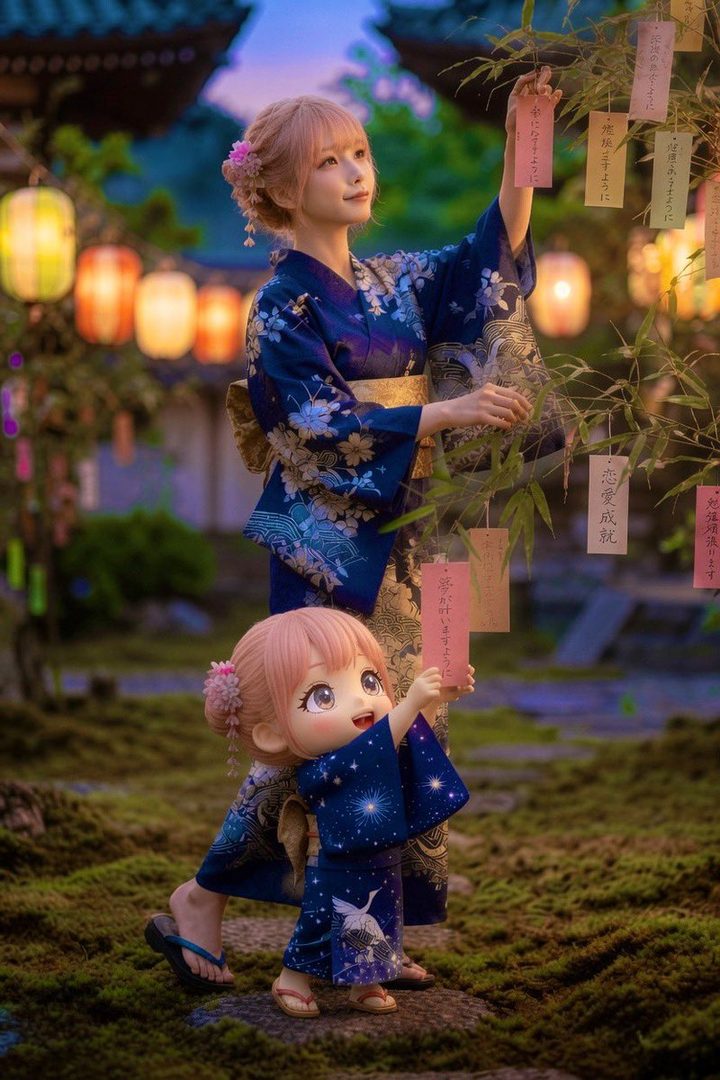 A woman and a doll in kimonos hang wishes on a bamboo tree during Tanabata festival.