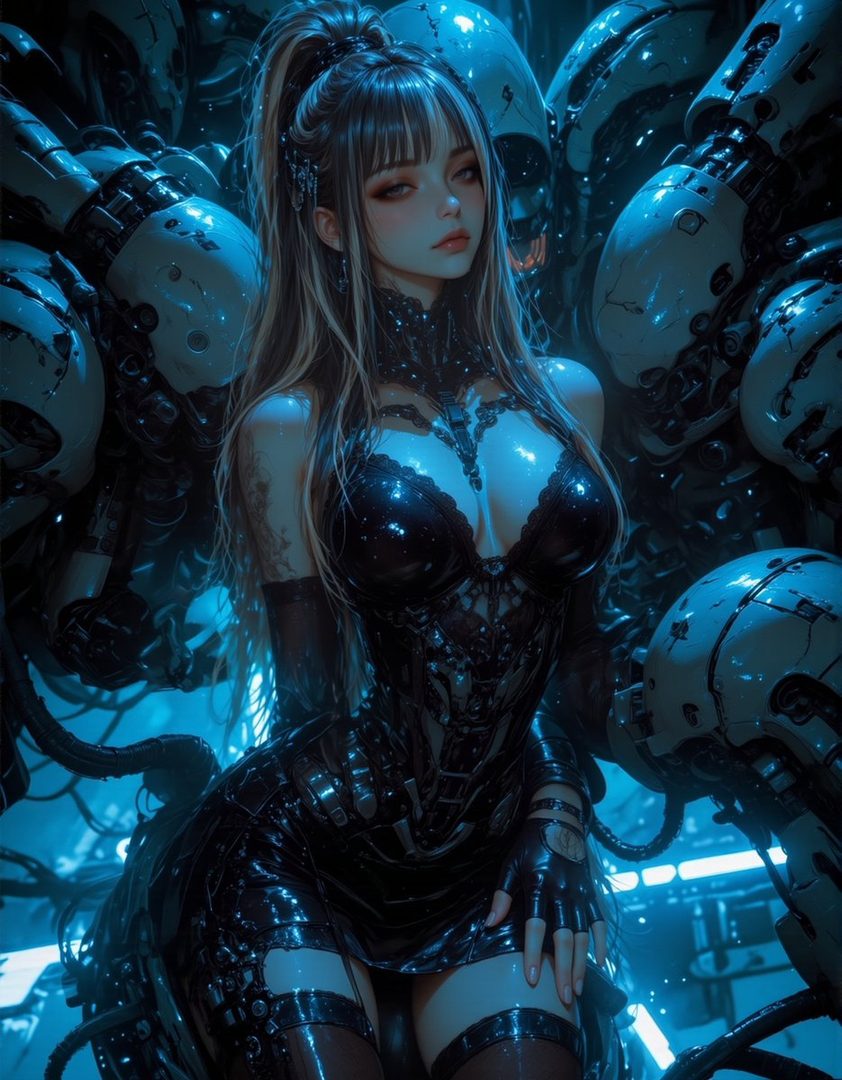 A photorealistic portrait of a young woman with long blonde and black hair, wearing a black latex dress and surrounded by futuristic robotic elements.