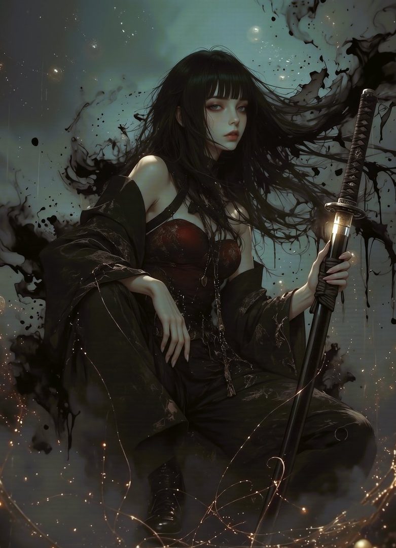 A dark fantasy portrait of a woman with long black hair and bangs, wearing a red corset and dark clothing, holding a katana.