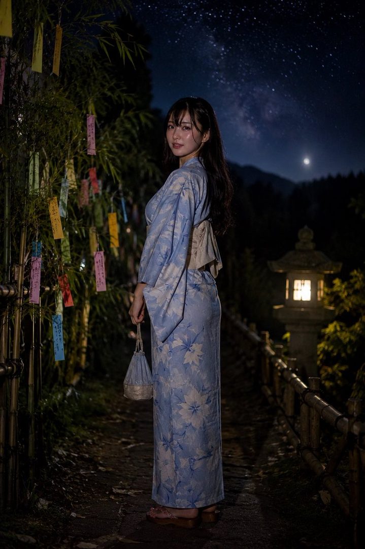 A young woman in a light blue floral yukata stands on a path at night, with bamboo decorated with colorful tanzaku papers on her left and a stone lantern on her right, under a starry sky.