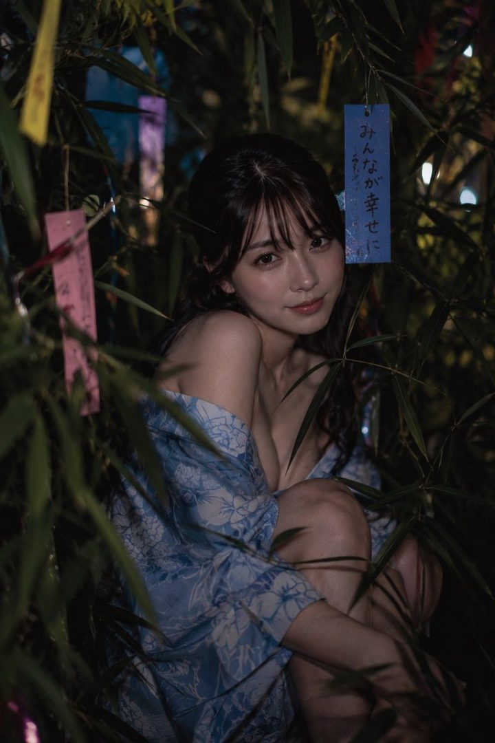 A Japanese woman in a blue yukata poses among bamboo stalks with colorful tanzaku wishes for Tanabata festival.