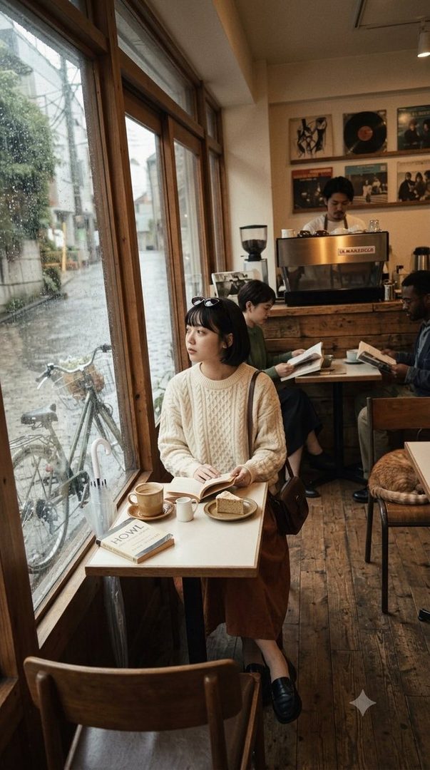 A young woman sits at a table in a cozy cafe, looking out the window on a rainy day, with a book and cake on the table.