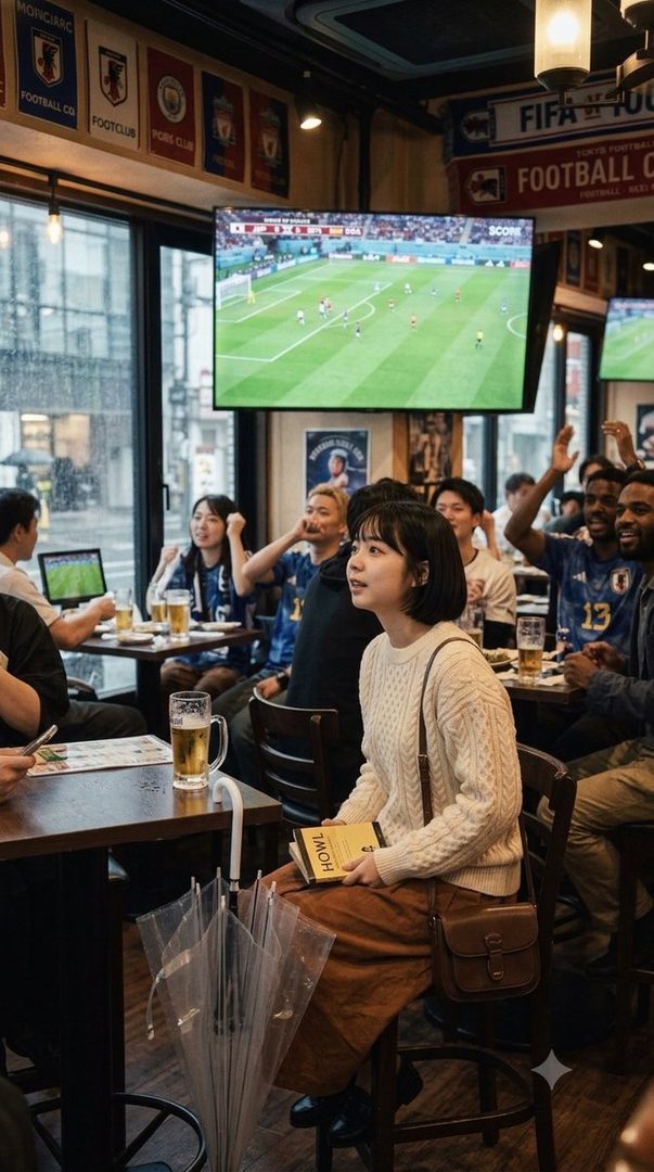 A group of friends watch a soccer match on TV in a bar, enjoying drinks and cheering.