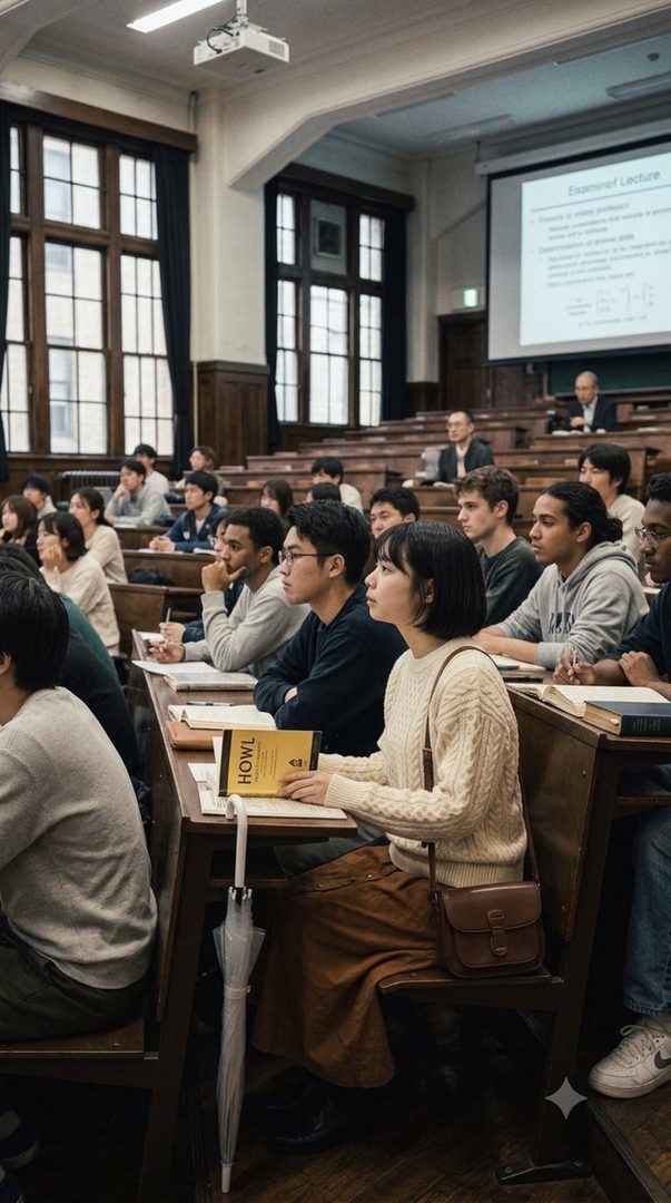 A group of students attending a lecture in a university classroom, with a projector screen displaying information at the front.