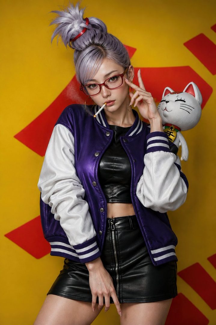 A young woman with silver hair in a high bun, wearing glasses, a purple and white varsity jacket, and a black leather skirt, holding a cigarette and posing with a cat plushie.