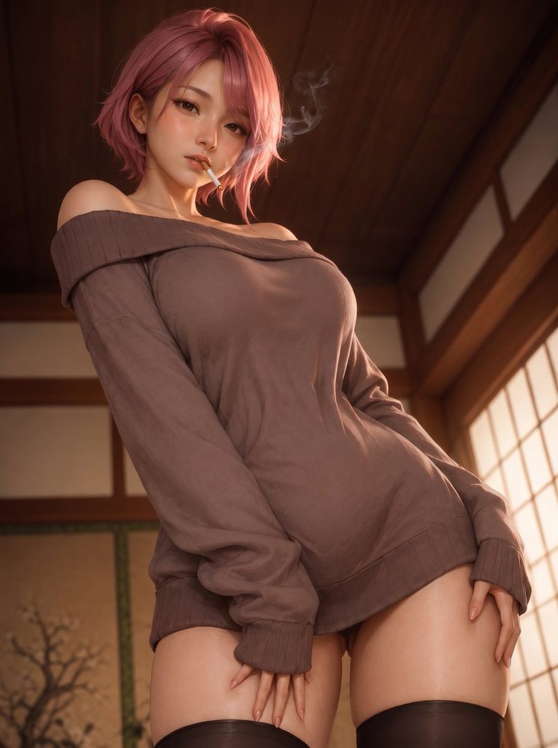 A young woman with short pink hair, wearing an off-the-shoulder sweater, smoking a cigarette indoors.