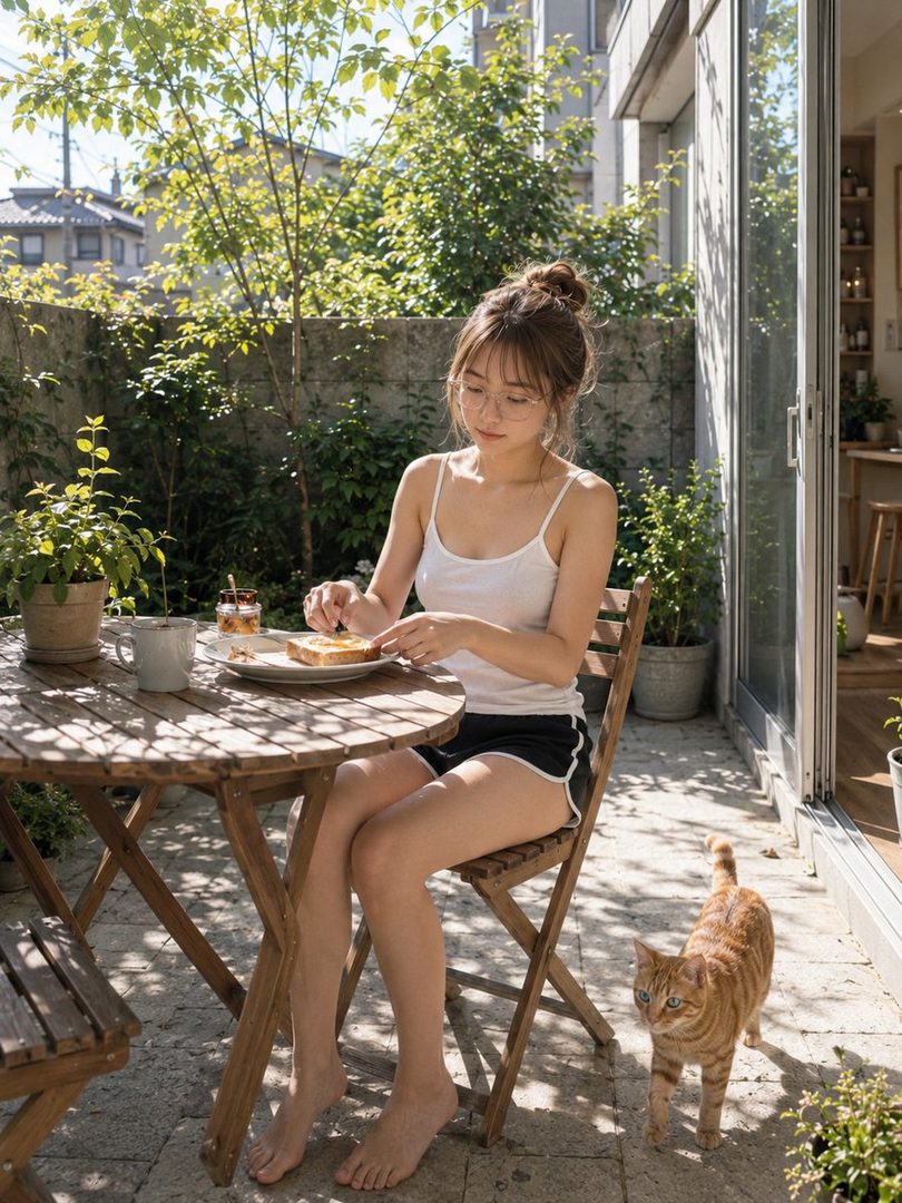 A young woman with her hair in a bun, wearing glasses and a white tank top, enjoys toast at a wooden table in a sunny garden. A ginger cat stands nearby.