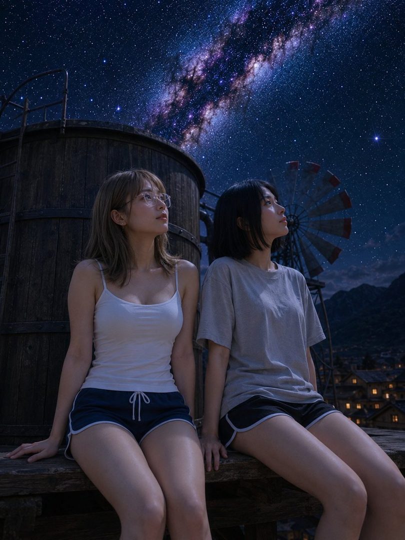 Two young women looking up at a starry night sky with the Milky Way visible, standing near a wooden water tower.