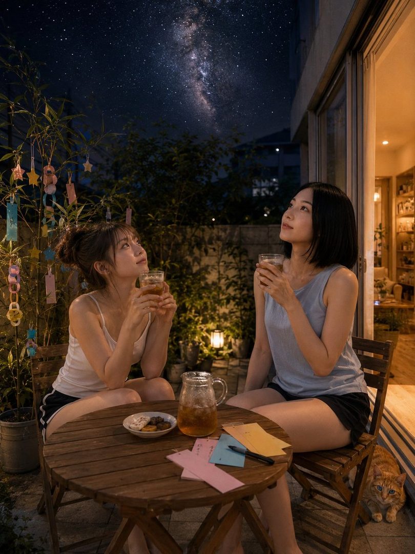 Two young women sitting at a table outdoors at night, looking up at a starry sky with the Milky Way visible, enjoying drinks.