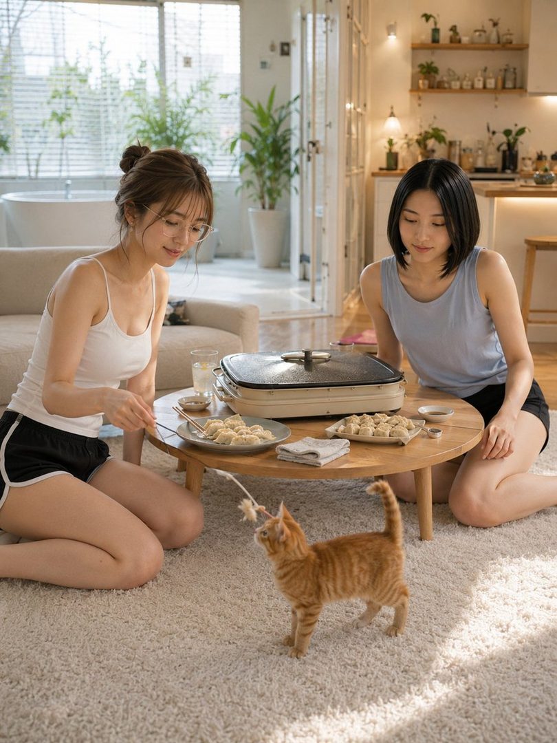 Two young women and a kitten playing together indoors, preparing to eat homemade dumplings.