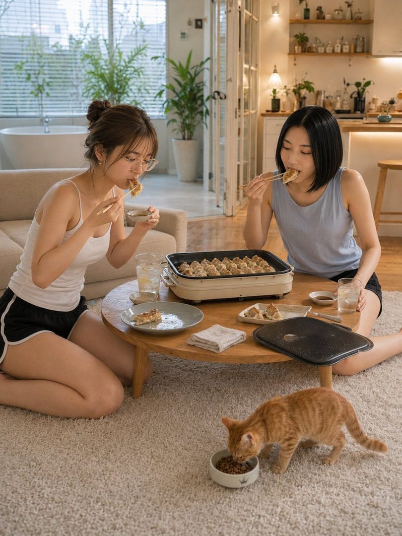 Two young women are enjoying a meal of dumplings cooked on a hot plate, with a cat eating from a bowl nearby, in a cozy indoor setting.