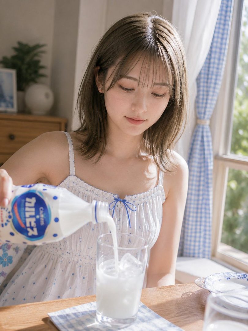 A young East Asian woman with short brown hair, wearing a white sundress, pours milk into a glass of ice in a sunlit room.