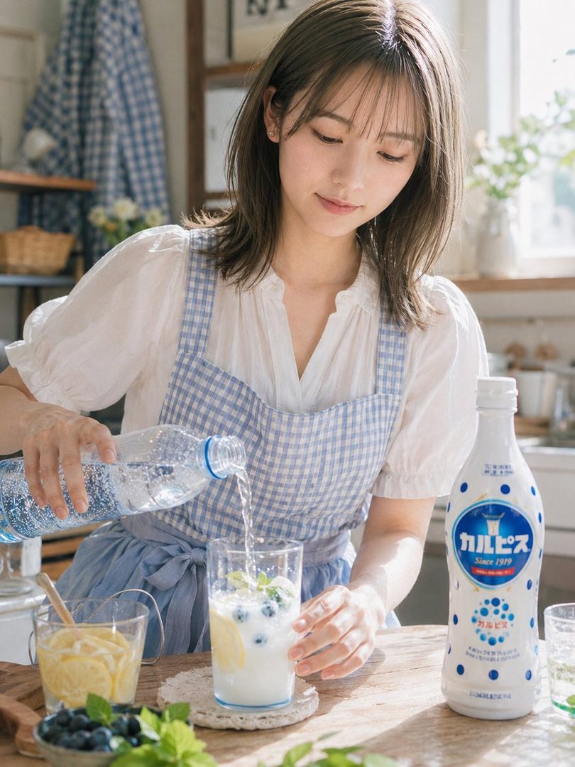A young woman with brown hair, wearing a white blouse and a blue gingham apron, pours water into a glass of drink with blueberries and lemon slices.