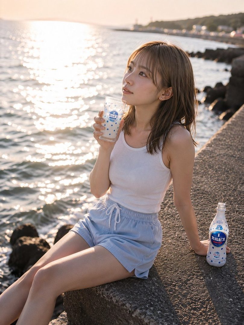 A young woman with brown hair sits by the sea, holding a glass of Calpis drink, enjoying the golden hour sunlight.