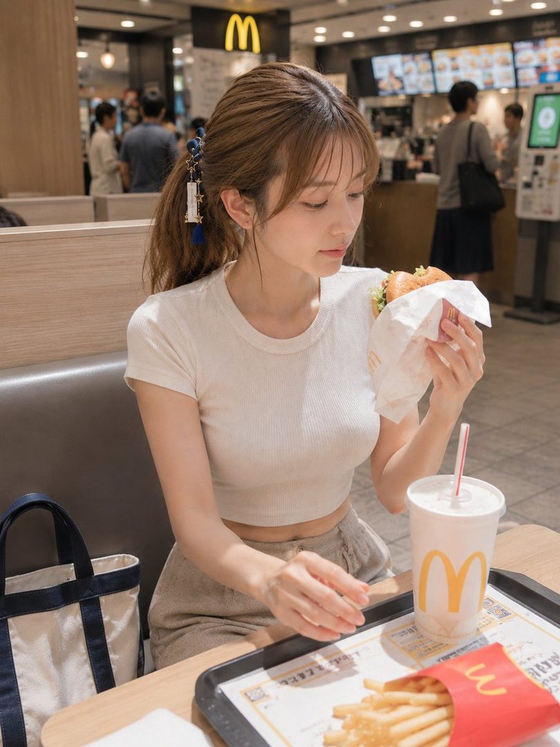 A young woman with her hair in a ponytail eats a burger and fries at a McDonald's restaurant.