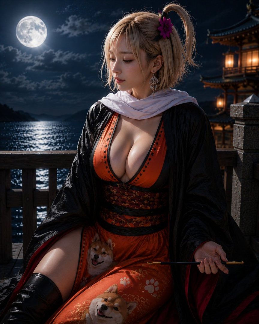 A woman in a traditional Japanese-inspired outfit with a low-cut top and a skirt featuring Shiba Inu dog patterns, posing outdoors at night under a full moon.
