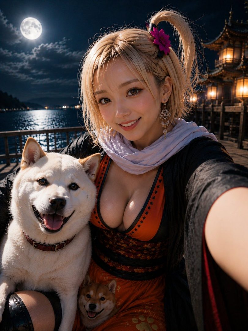 A young Japanese woman with blonde hair tied in a ponytail, wearing a traditional kimono, smiles at the camera while holding a Shiba Inu dog. The background features a full moon, a calm body of water, and traditional Japanese architecture at night.