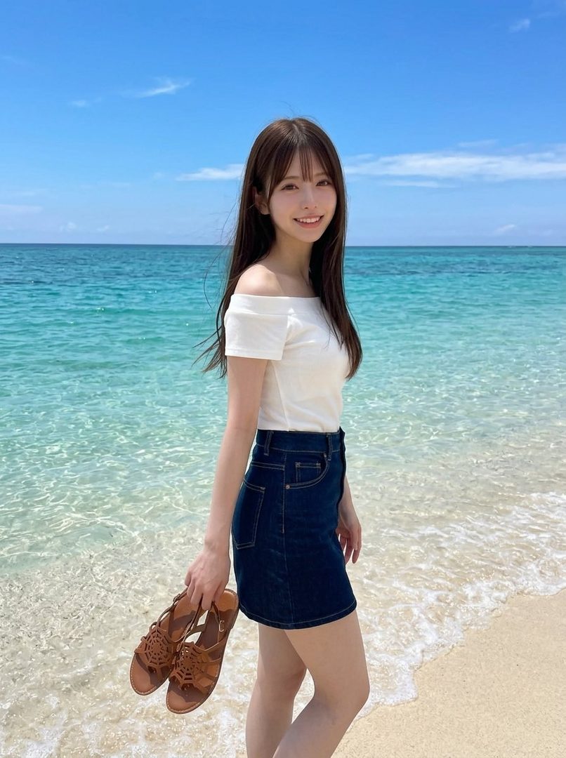 A young woman with long brown hair smiles at the camera, wearing an off-the-shoulder white top and a denim skirt, holding sandals while standing on a beach with clear blue water.