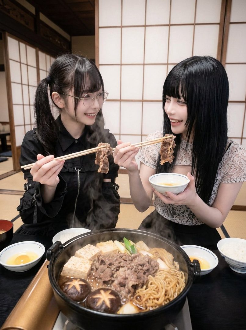 Two young East Asian women enjoying a hot pot meal of sukiyaki indoors.