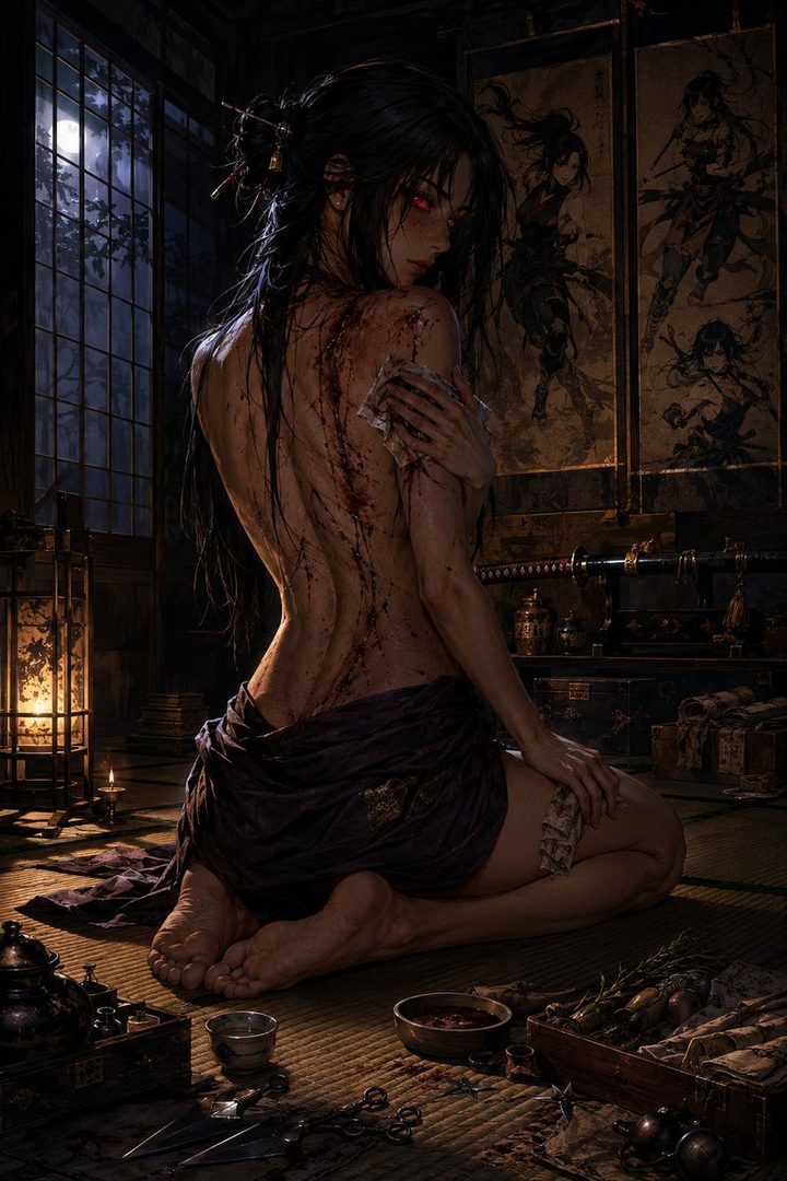 A bloody woman with glowing red eyes kneels in a dimly lit room, looking over her shoulder.
