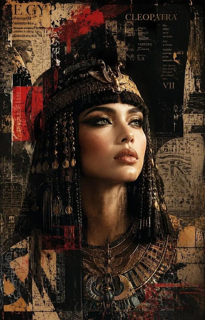 Photorealistic portrait of Cleopatra in Egyptian attire, with intricate headdress and jewelry, set against a mixed-media background with Egyptian motifs and text.