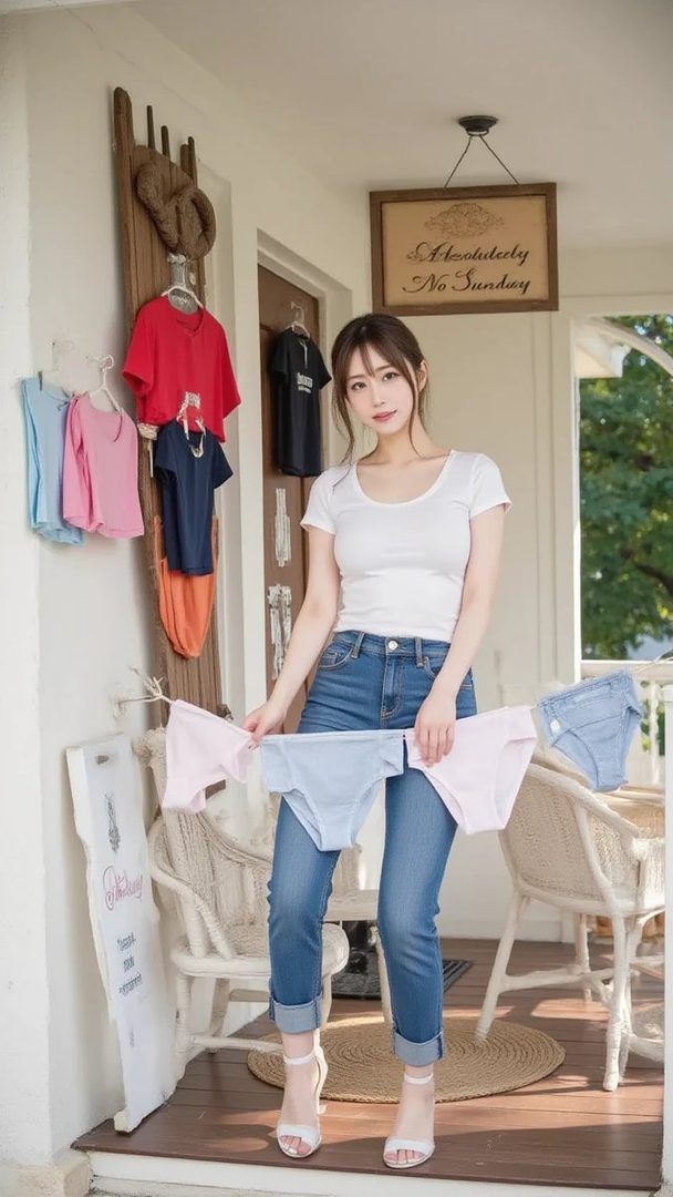 A young woman with long dark hair, wearing a white t-shirt and blue jeans, is hanging laundry on a clothesline on a porch.