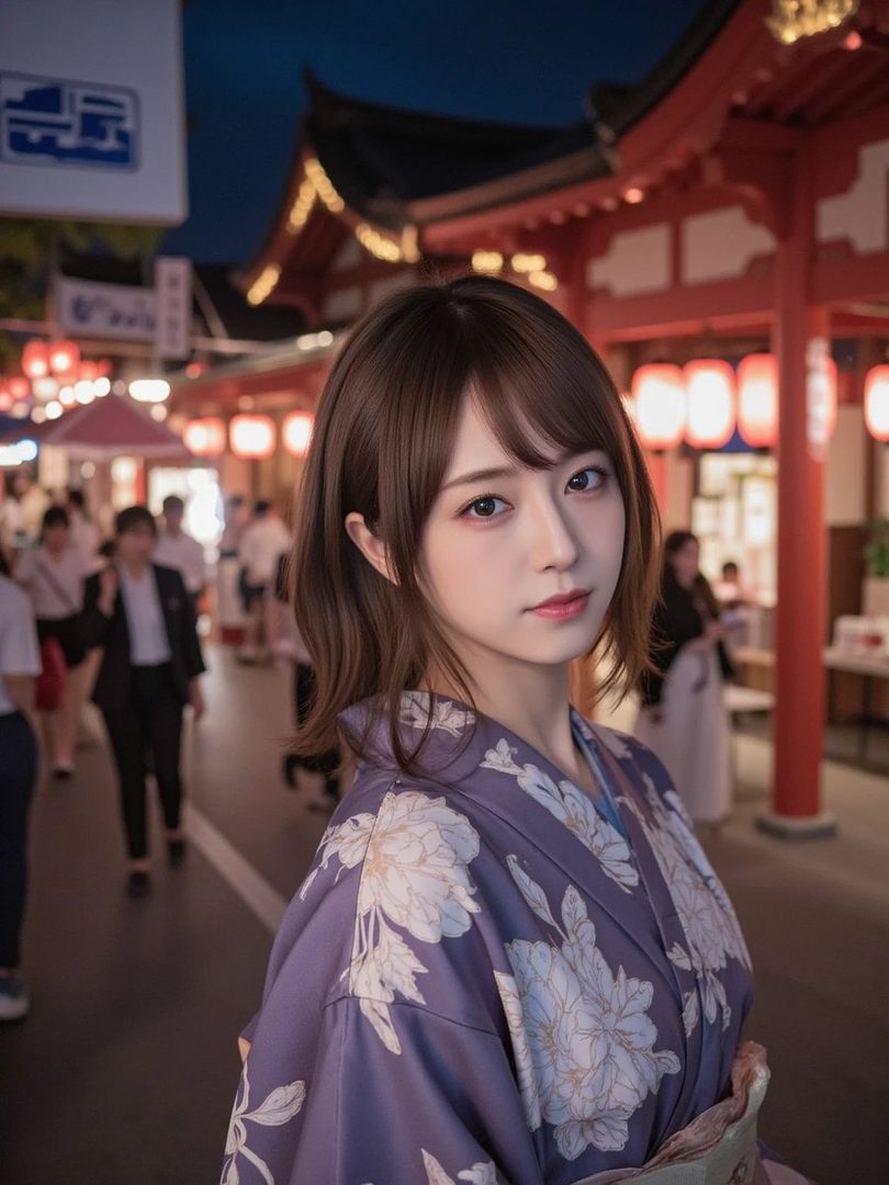 A young woman in a purple floral kimono poses on a street at night, with traditional Japanese buildings and lanterns in the background.