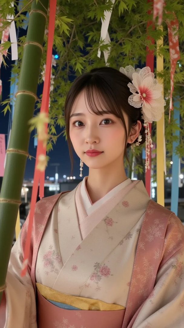 A young woman in a traditional Japanese kimono with floral patterns, adorned with a large white and pink flower hair accessory, stands outdoors at night with bamboo and festive streamers in the background.