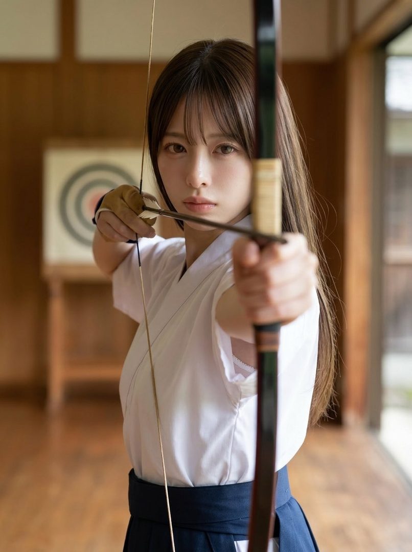A young woman in traditional Japanese kyudogi attire practices archery in a dojo, aiming her bow with a focused expression.
