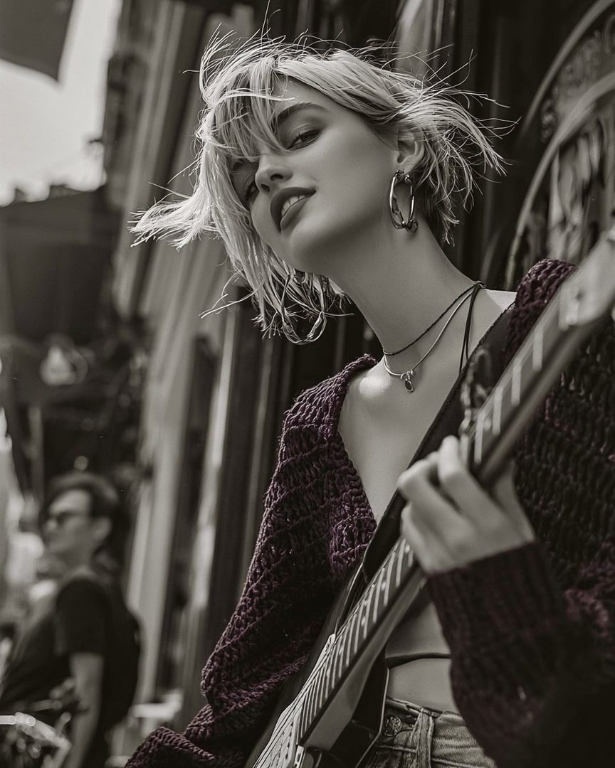 A young woman with short blonde hair plays an electric guitar on a city street, looking towards the camera with a cool expression.