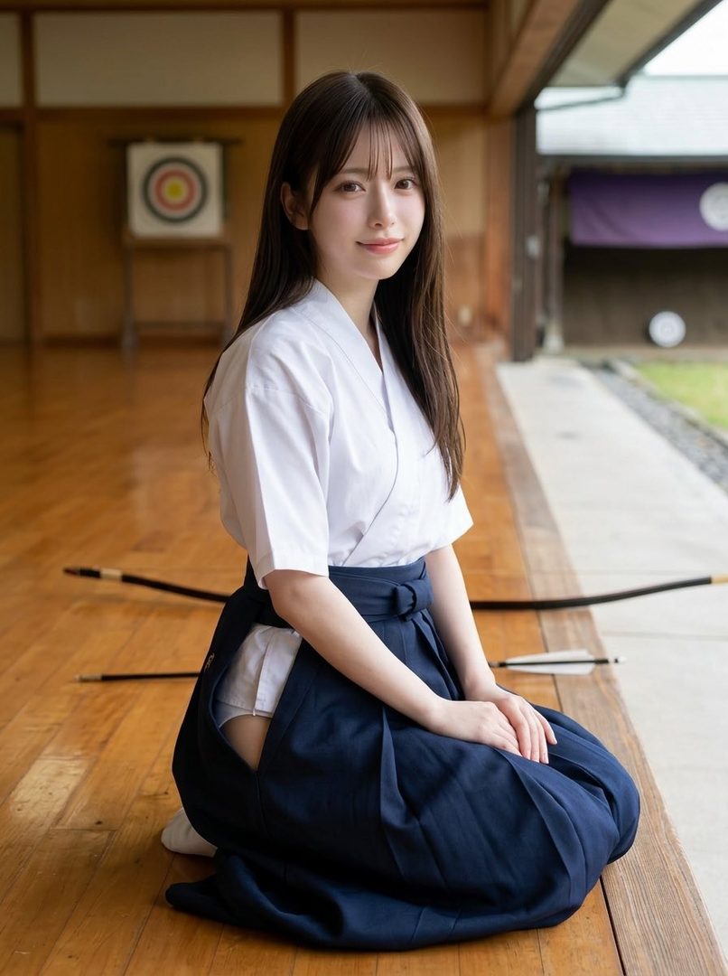 A young woman in a traditional Japanese kyudo uniform kneels on a wooden floor in a dojo, smiling gently at the camera with a bow and arrow in the background.