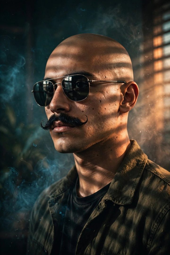 A cinematic portrait of a bald man with a thick mustache and sunglasses, with dramatic lighting and smoke effects.