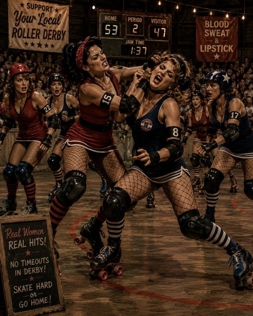 Two women in a roller derby match, one grabbing the other's hair, with a scoreboard and cheering crowd in the background.