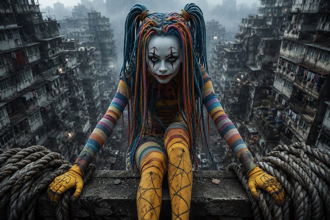 A woman with clown makeup and colorful dreadlocks sits on a ledge overlooking a dense, dystopian city.