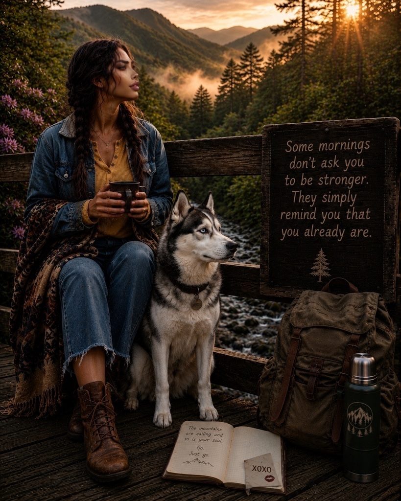 A woman with braided hair sits with her husky dog on a wooden bridge overlooking a misty mountain valley at sunrise, holding a mug.